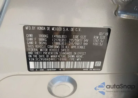 2019 Honda Hr-V Lx z USA, uszkodzony, nr VIN 3CZRU6H34KG716986